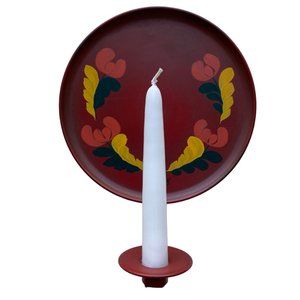 Vintage Painted Tin Swedish Taper Folk Art Wall Hanging Scone Candle Holder